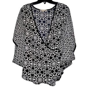 Lovestitch Women's Medium Cross Front Black & White Geometric Print Blouse